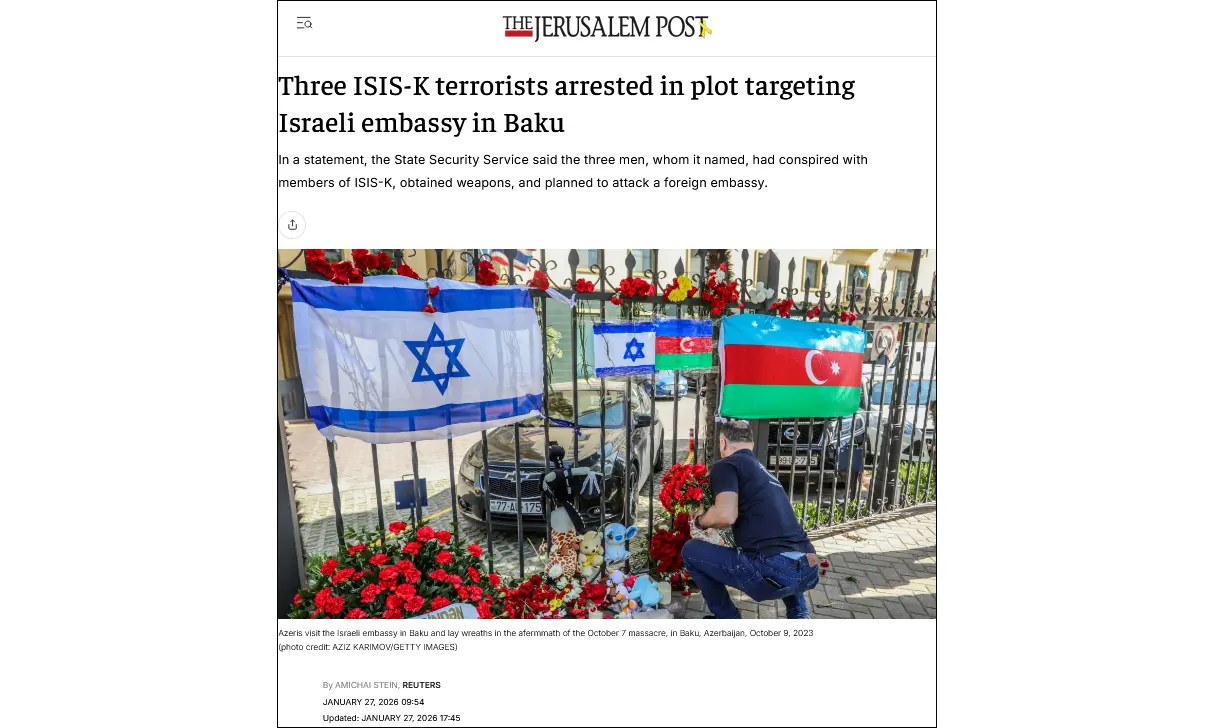 Israeli media: ISIS plot against Israeli embassy in Baku foiled after FM Saar’s visit