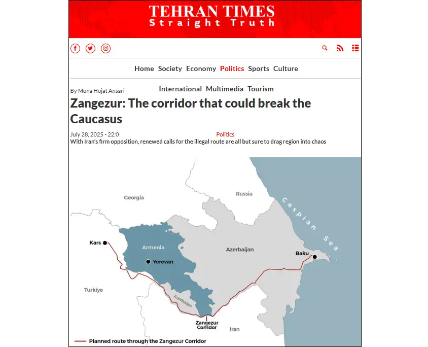 Tehran Times: A military clash would be unavoidable if Azerbaijan, Turkey, and the U.S. pursue the Zangezur Corridor project