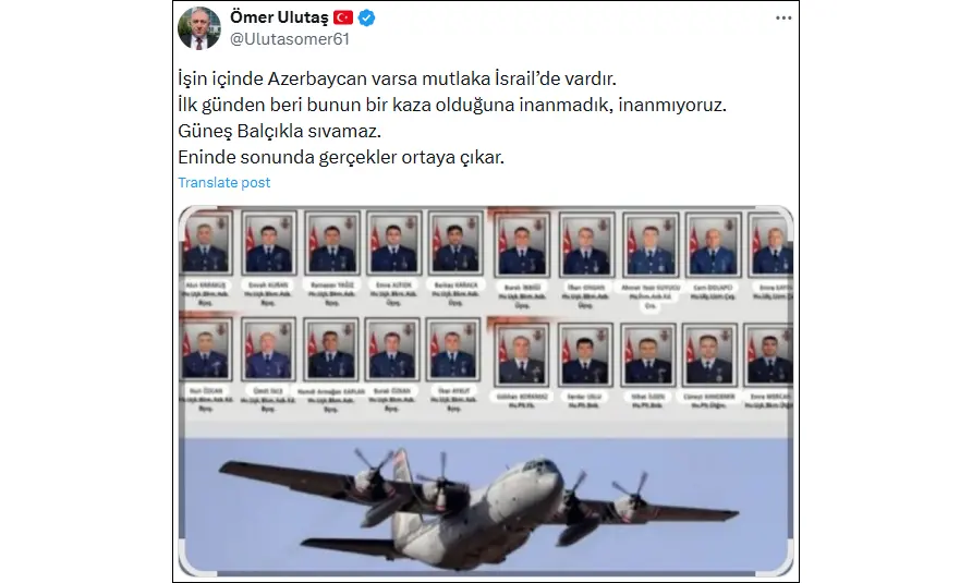 Turkish party leader alleges Azerbaijan, Israel role in deadly air force plane crash