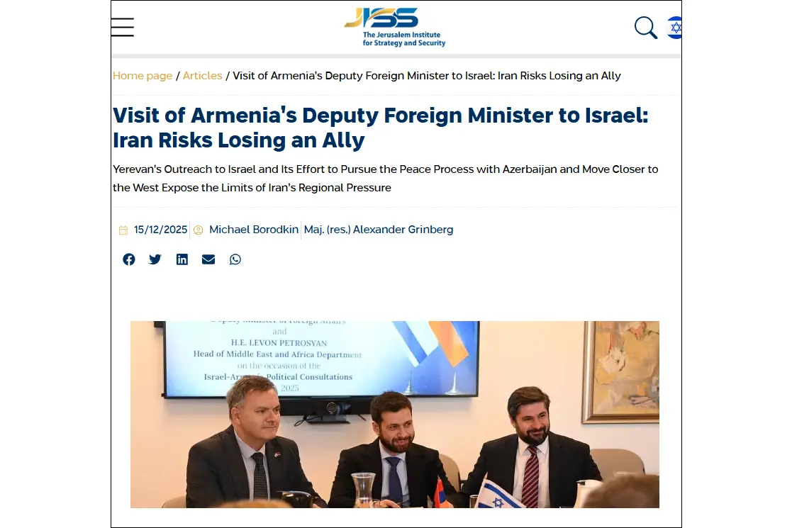 Israeli think tank: Armenia remains aligned with Iran, a regime hostile to the Jewish state’s existence