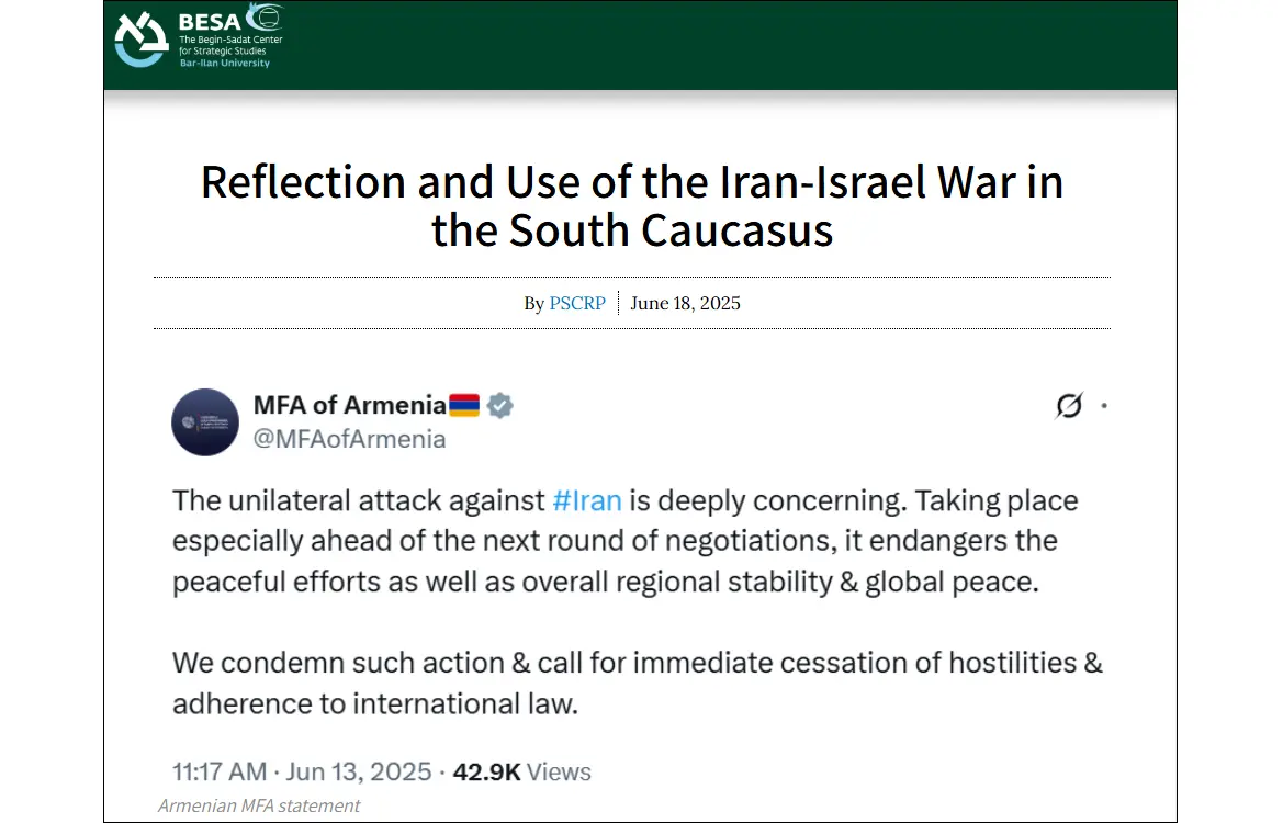 Israeli think tank: Armenians see the Iran–Israel conflict as an opportunity to strengthen alliance with Tehran