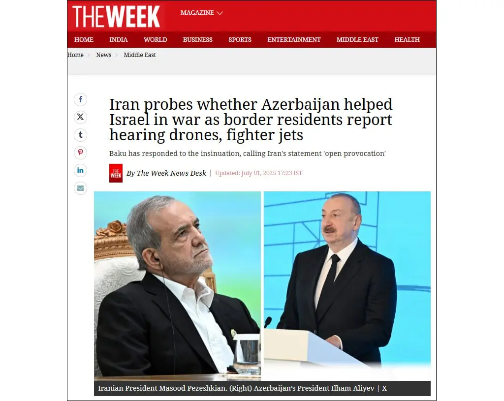 Indian magazine: Azerbaijan is the only Muslim-majority nation which supported Israel in its war against Iran