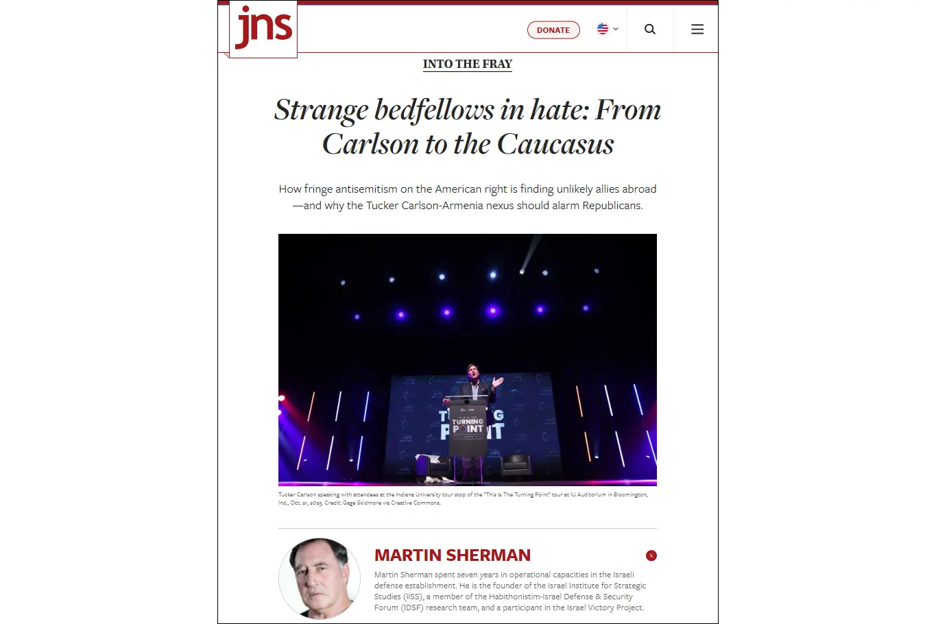 JNS: Tucker Carlson’s anti-Israel stance linked to U.S.-based Armenian diaspora organization