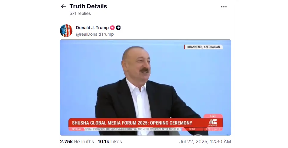 U.S. President shares excerpt from his Azerbaijani counterpart’s speech on Truth Social
