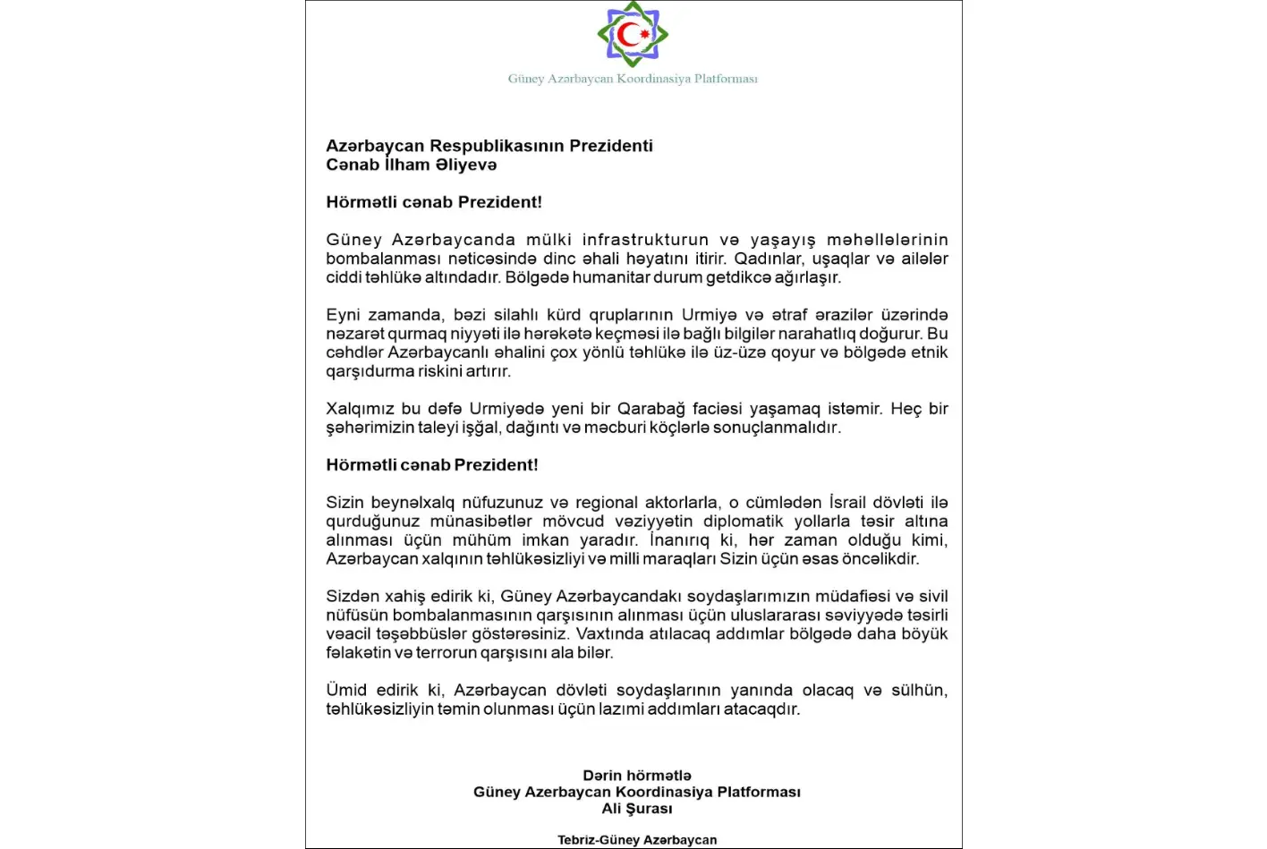 Iranian Azerbaijanis appeal to President Ilham Aliyev