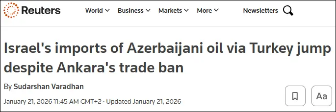 Reuters: Israel's imports of Azerbaijani oil jump despite Ankara's trade ban
