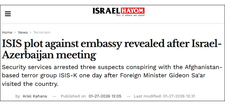 Israeli media: Islamic State plot targeting Israel’s embassy in Azerbaijan foiled