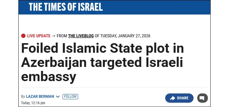 Israeli media: Islamic State plot targeting Israel’s embassy in Azerbaijan foiled